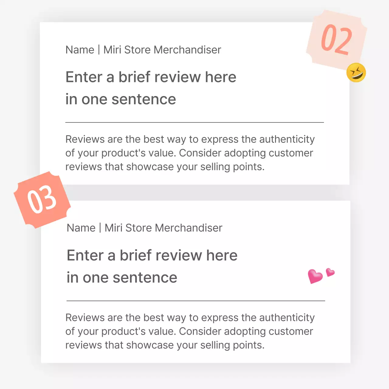 A review or ad for a fashion store with a simple white and gray emoji style.