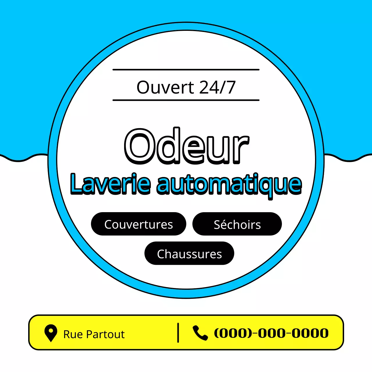 Une simple publicité pour une laverie automatique bleu clair et jaune