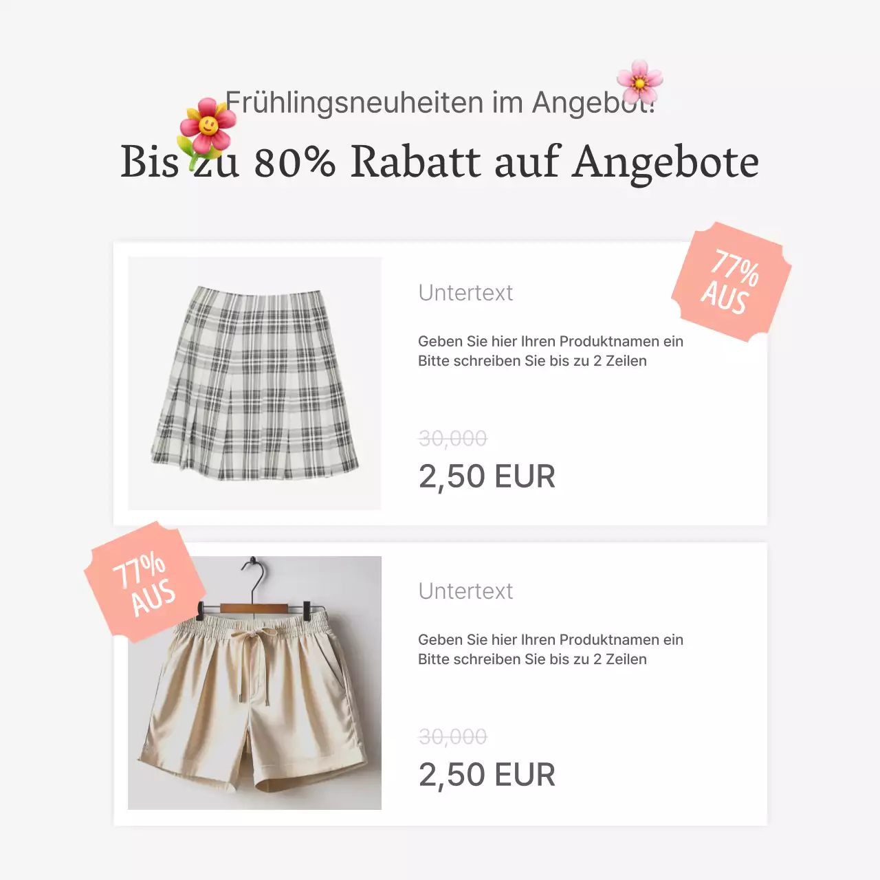 Produktbeschreibungen oder Werbung für ein Mode-Einkaufszentrum, dekoriert mit einem einfachen Stil von weißen und grauen Emojis.