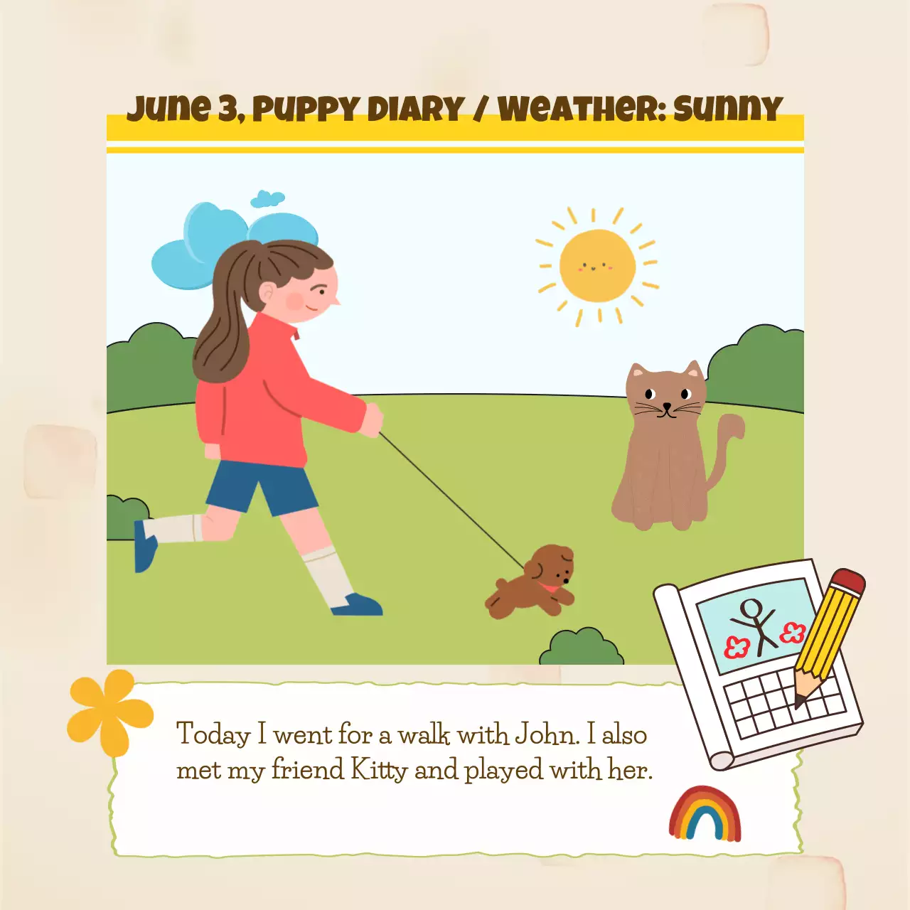 노랑과 연두색의 아기자기한 그림일기 광고