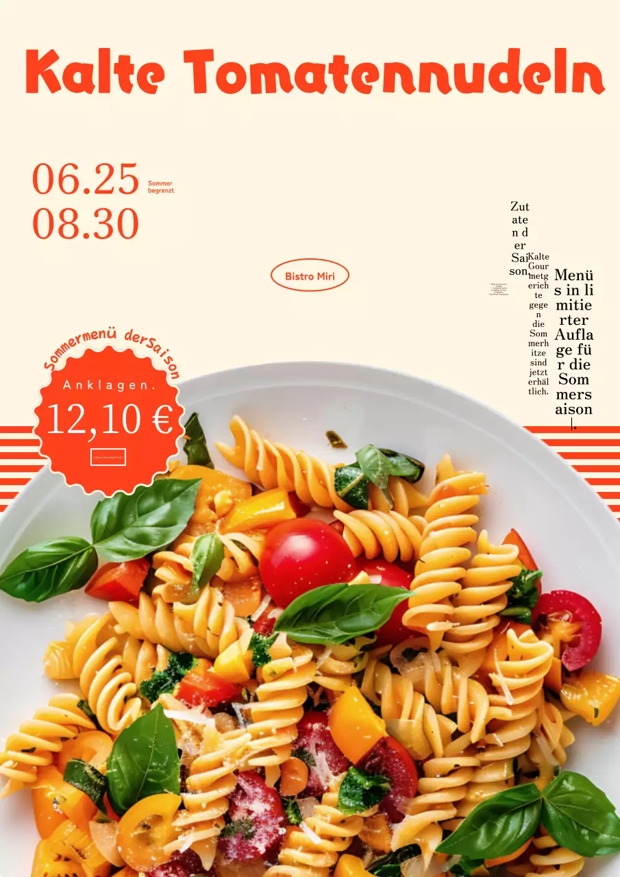Ein Werbefoto für ein Sommermenü, mit roter Typografie und Fotografie.