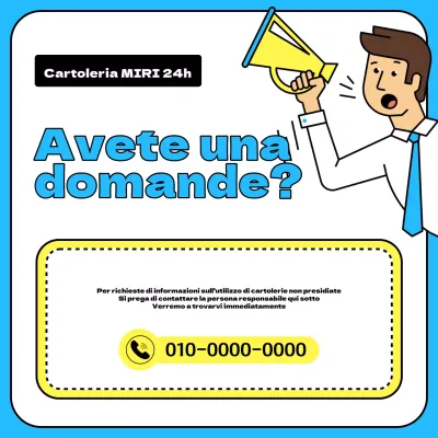 Una semplice cartoleria in azzurro e giallo, con un avviso di richiesta di informazioni