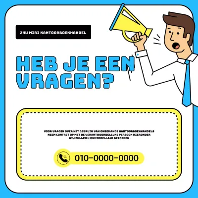 Een eenvoudige kantoorboekhandel in lichtblauw en geel, met een informatiebord