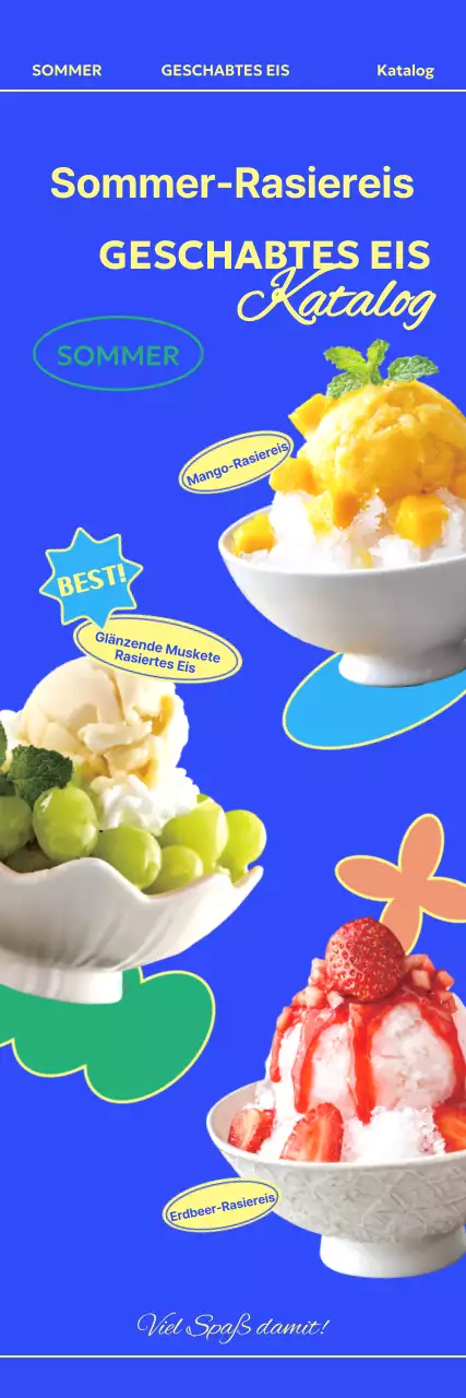 Banner mit drei kühlen rasierten Eissorten auf blauem Hintergrund