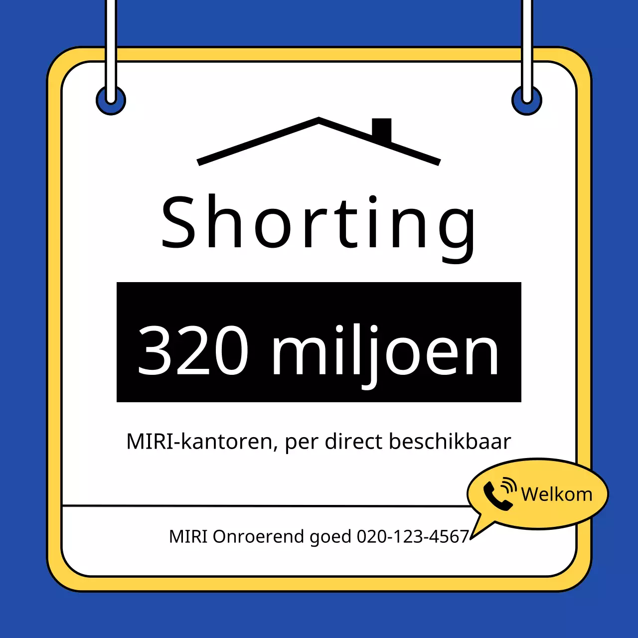 Een eenvoudige advertentie voor een huis te koop in geel en blauw