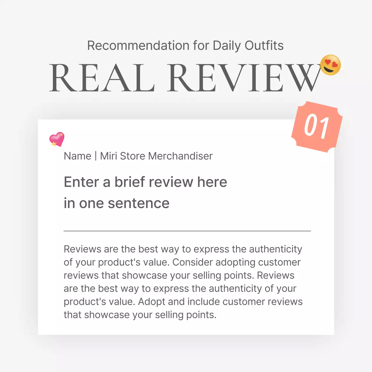 A review or ad for a fashion store with a simple white and gray emoji style.