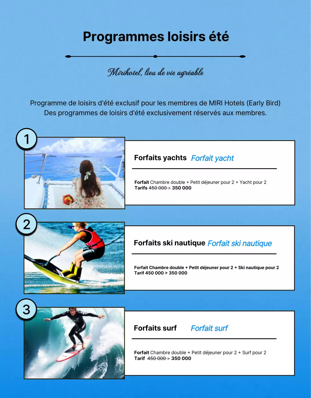 Publicité orange et bleue pour des offres d'hôtels pour l'été