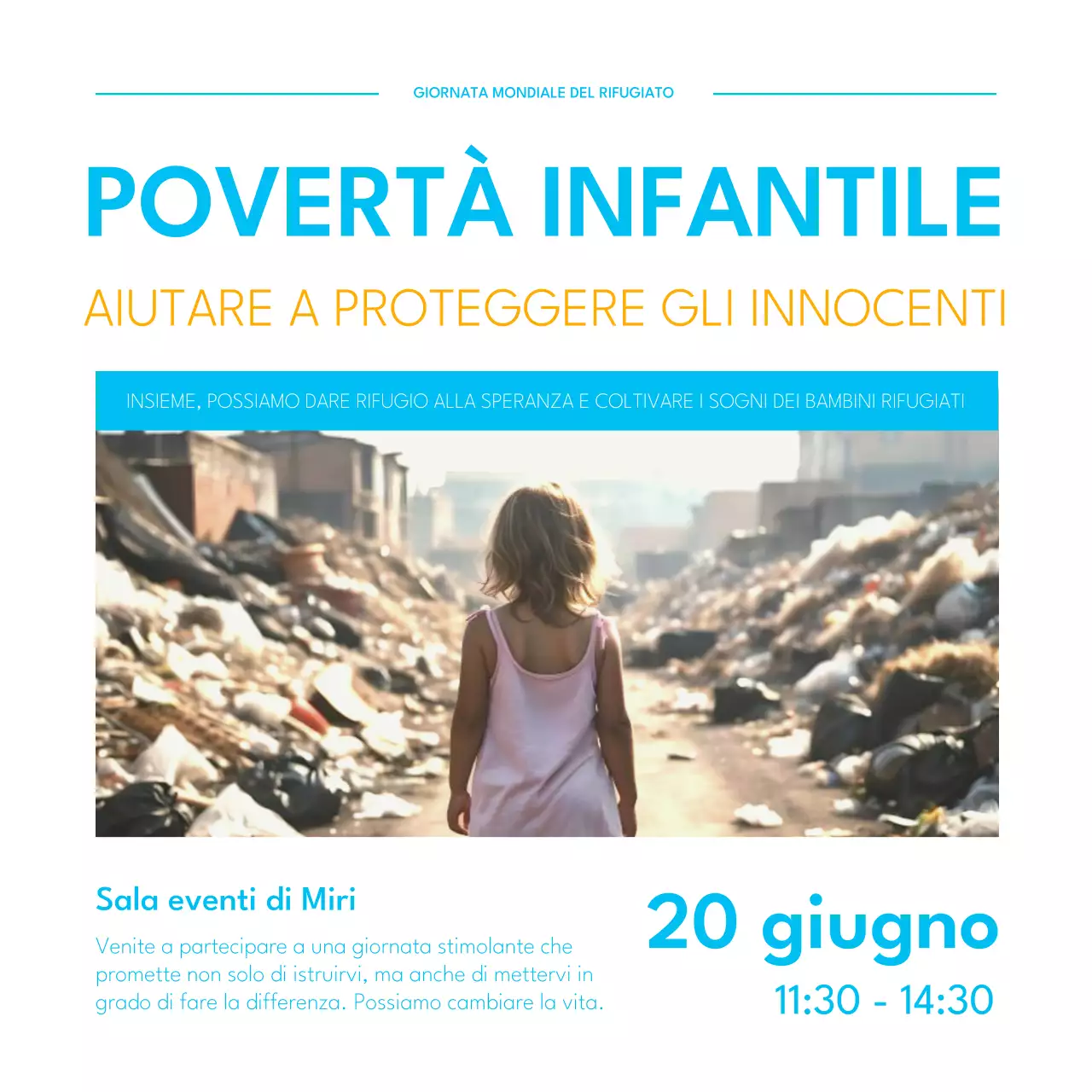 Un post di fidanzamento semplice, azzurro e arancione, per la Giornata Mondiale del Rifugiato