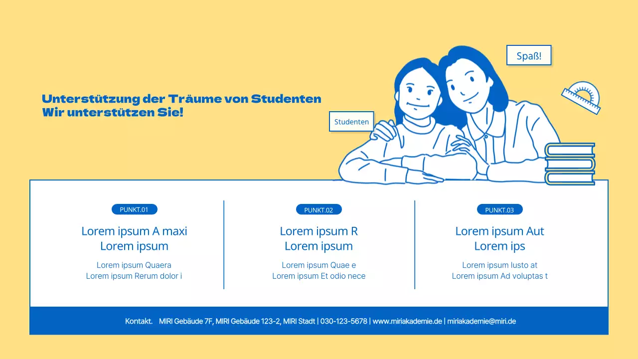 Ein kitschiger gelb-blauer Schulprospekt