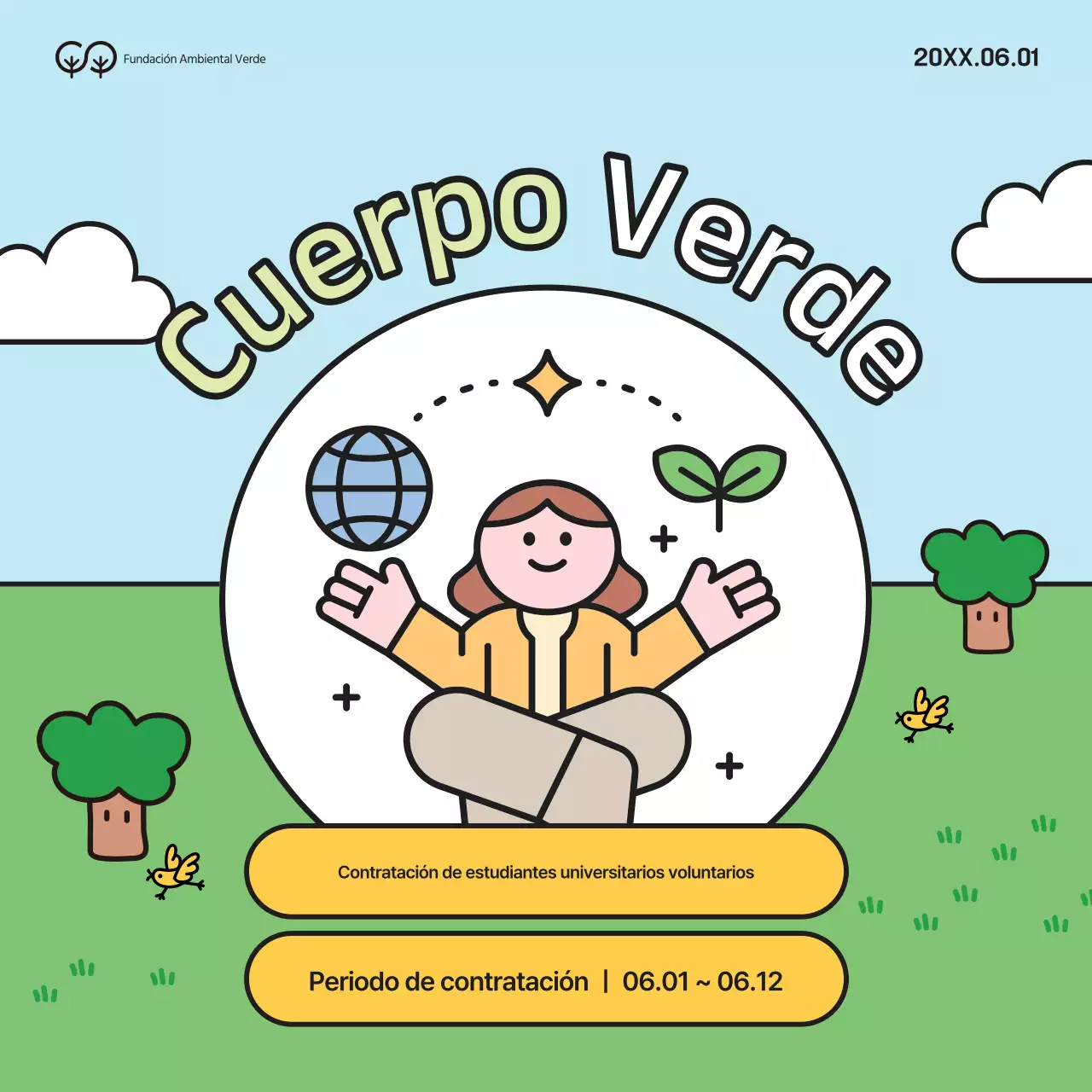 Campaña de captación de voluntarios ecologistas universitarios verdes y amarillos