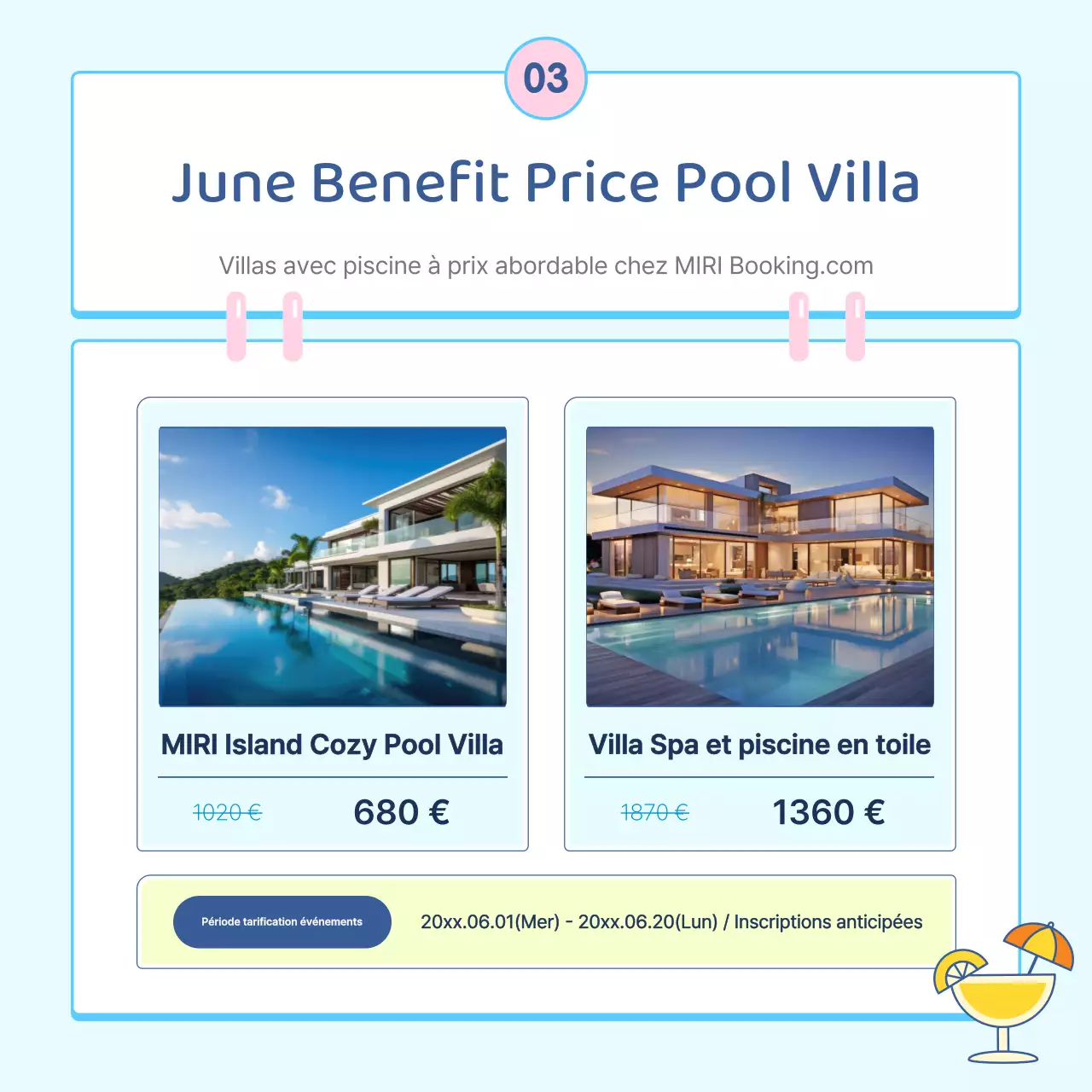 Une jolie publicité pour une maison de vacances d'été en bleu clair et rose