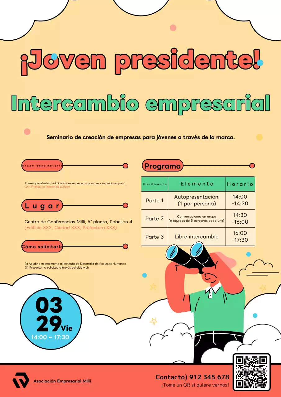 Promocione eventos de intercambio empresarial con un simpático concepto de personas y nubes amarillas.