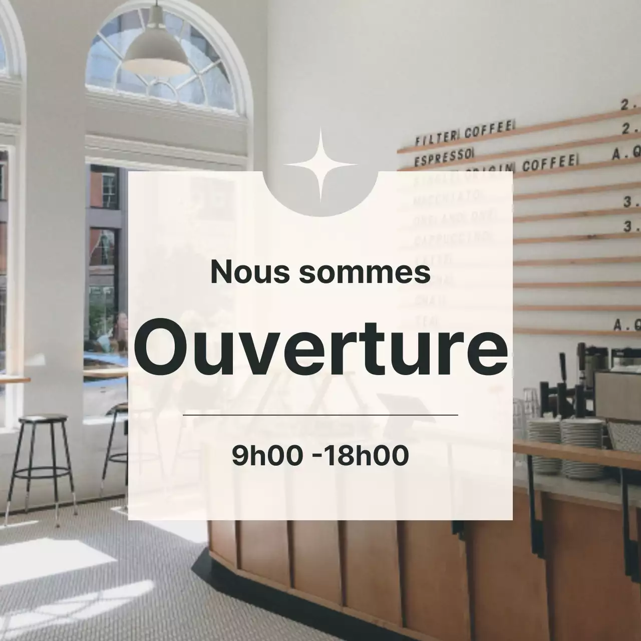 Une affiche simple sur les heures d'ouverture des cafés en bleu marine et ivoire