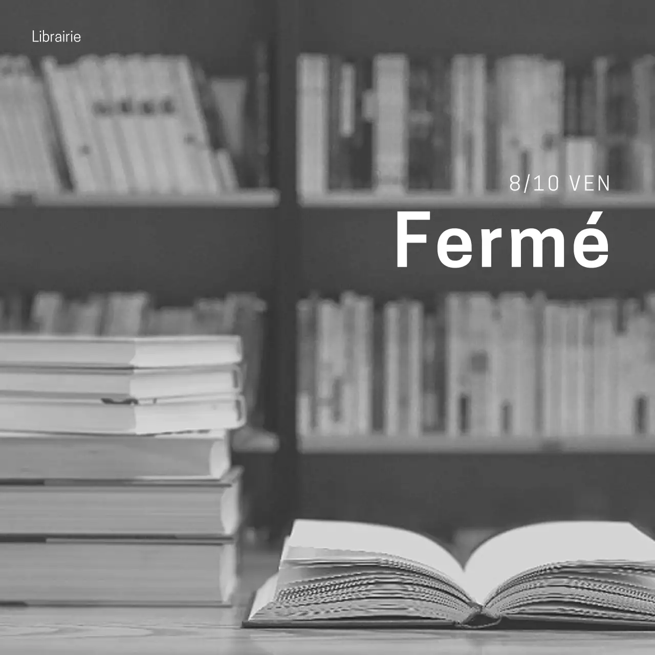Poste de fermeture de librairie et de café minimaliste en noir et blanc et en noir et blanc