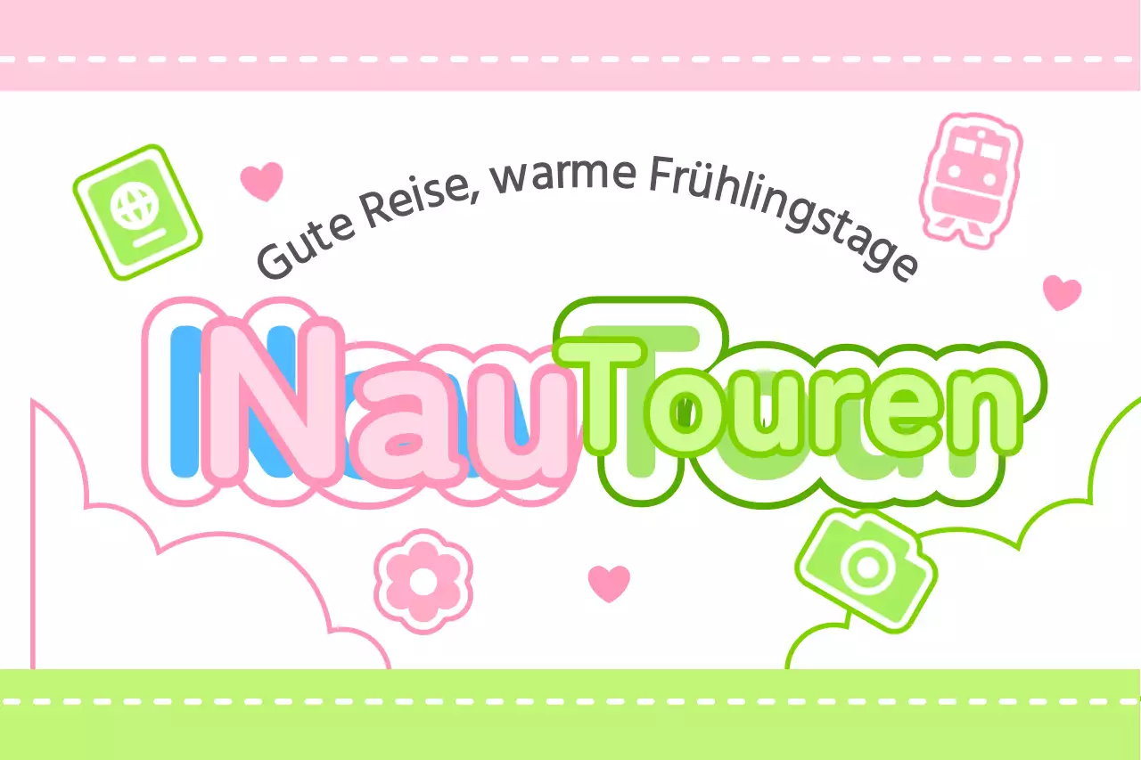 Gestalte einen niedlichen Reiseführer mit Wolken und verschiedenen Symbolen