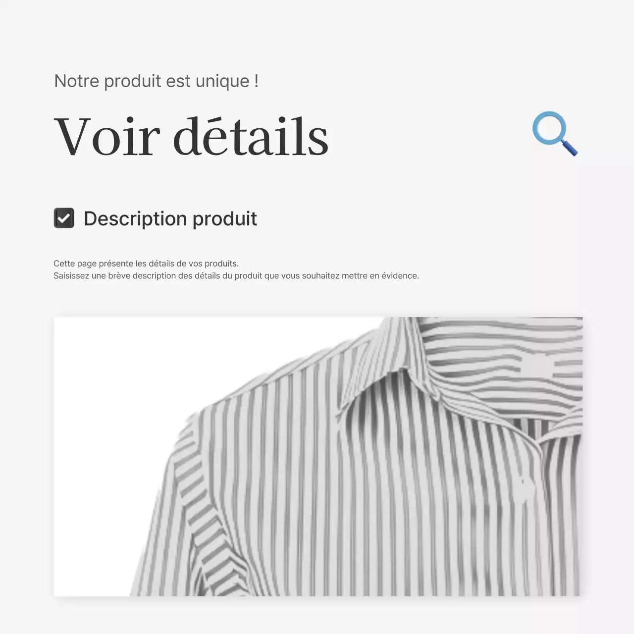Descriptions détaillées de produits ou publicités pour un centre commercial de mode, décorées avec un style simple d'emojis blancs et gris.