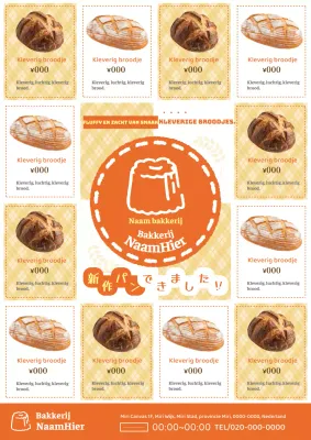 Een schattige witte en oranje reclame voor een nieuw bakkersbrood.