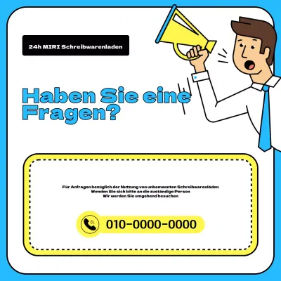 Ein einfaches Schreibwarengeschäft in Hellblau und Gelb, mit einem Aushang für Anfragen