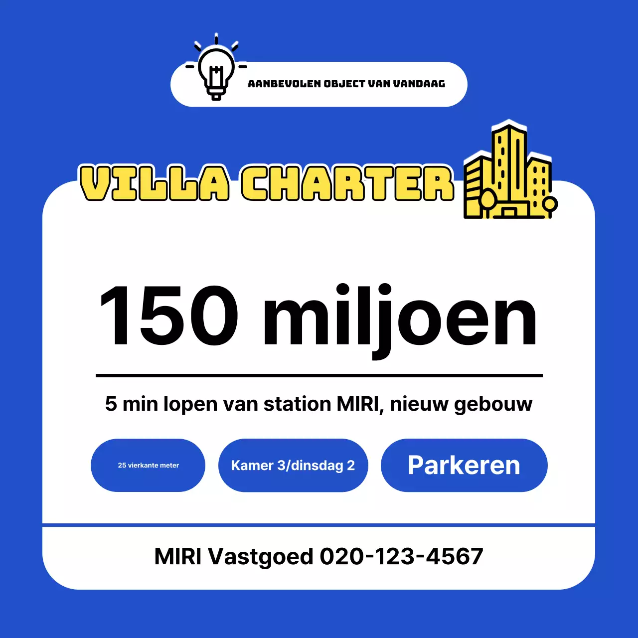 Een eenvoudige advertentie voor een huis te koop in geel en blauw