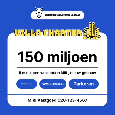 Een eenvoudige advertentie voor een huis te koop in geel en blauw