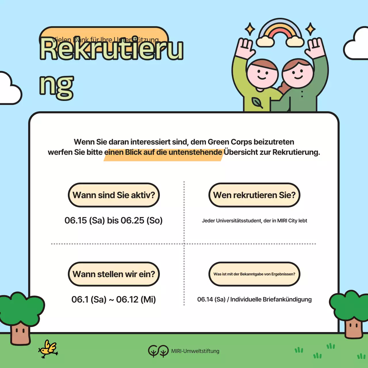 Rekrutierungskampagne für grüne und gelbe Umweltfreiwillige an Universitäten