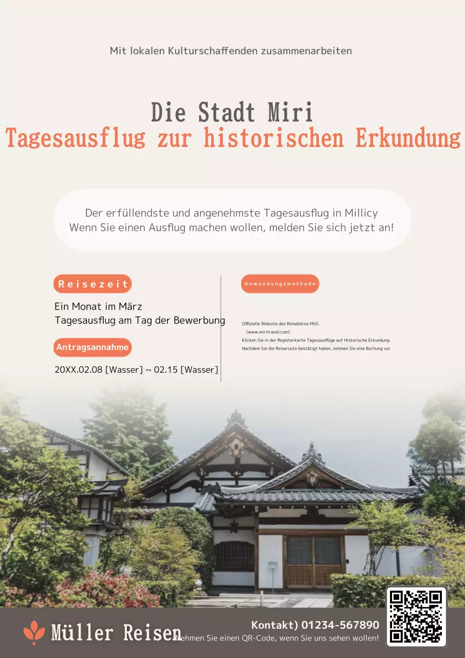 Werbung für Tagesausflüge mit Fotos traditioneller Architektur in Beige und Orange