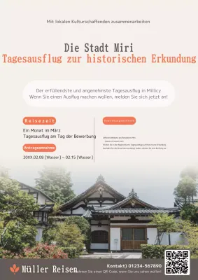 Werbung für Tagesausflüge mit Fotos traditioneller Architektur in Beige und Orange