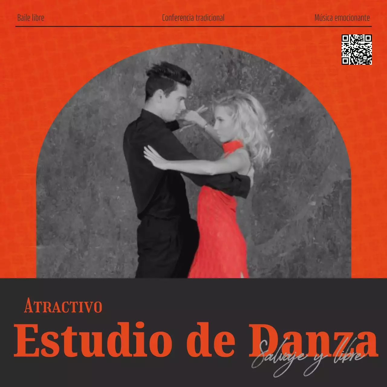 Un puesto promocionando un lujoso estudio de danza en rojo y negro.