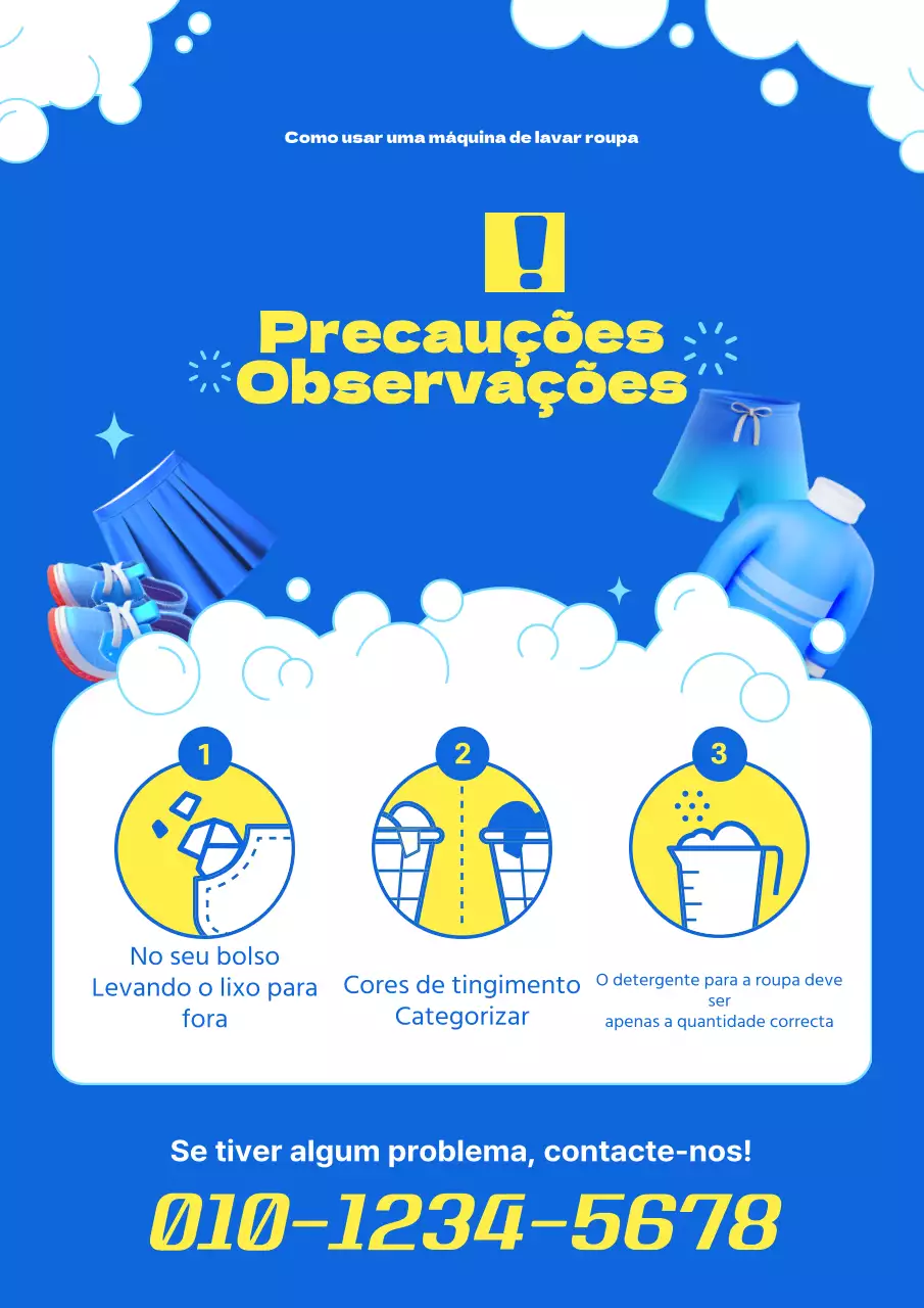 Uma simples lavandaria amarela e azul não tripulada com um aviso para ter cuidado