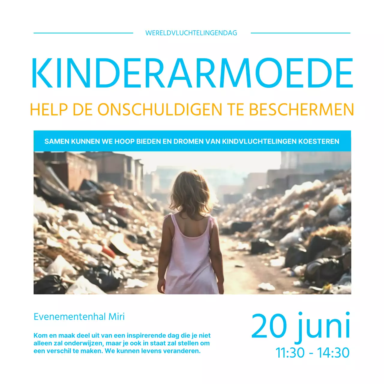 Een eenvoudige, lichtblauwe en oranje verlovingspost voor Wereldvluchtelingendag