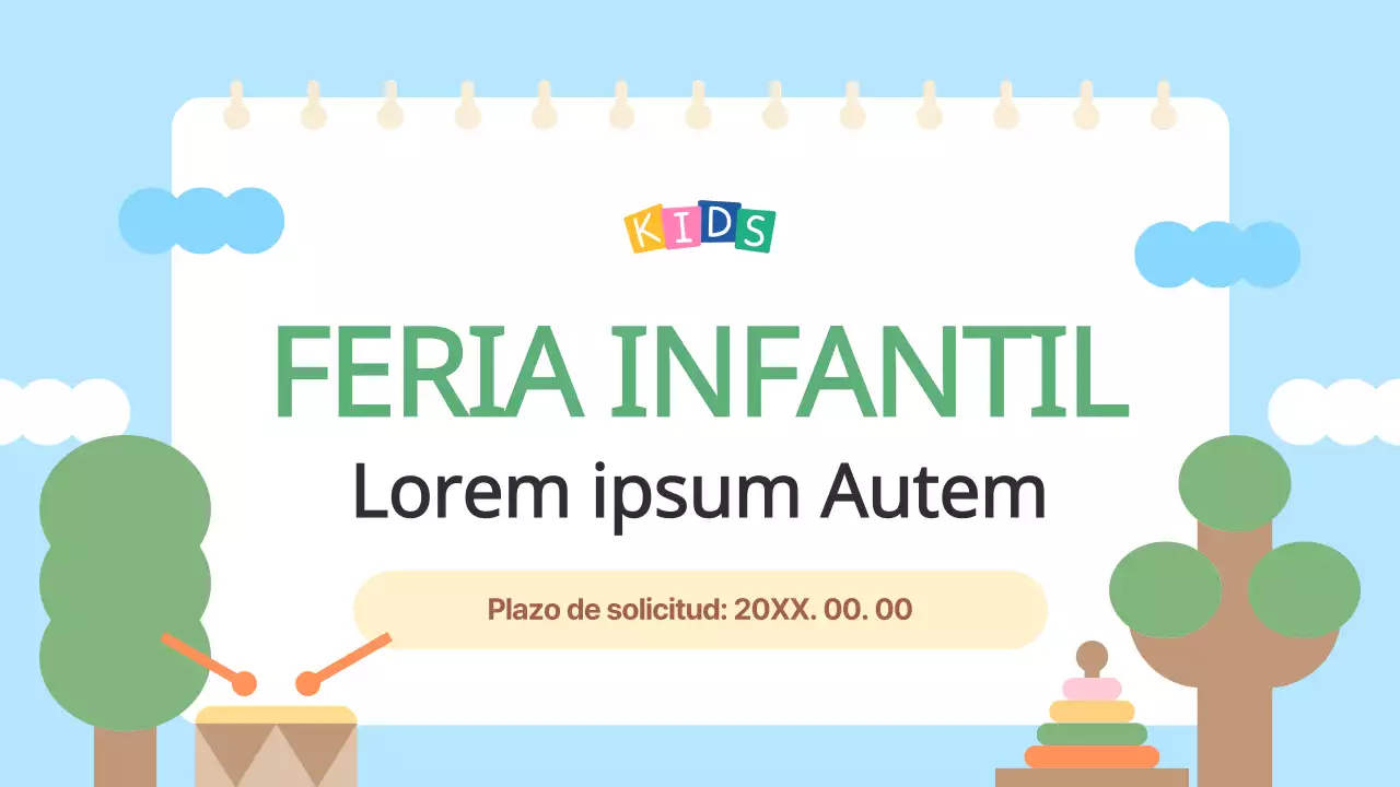 La convocatoria azul claro y amarillo para los expositores de la Feria Infantil