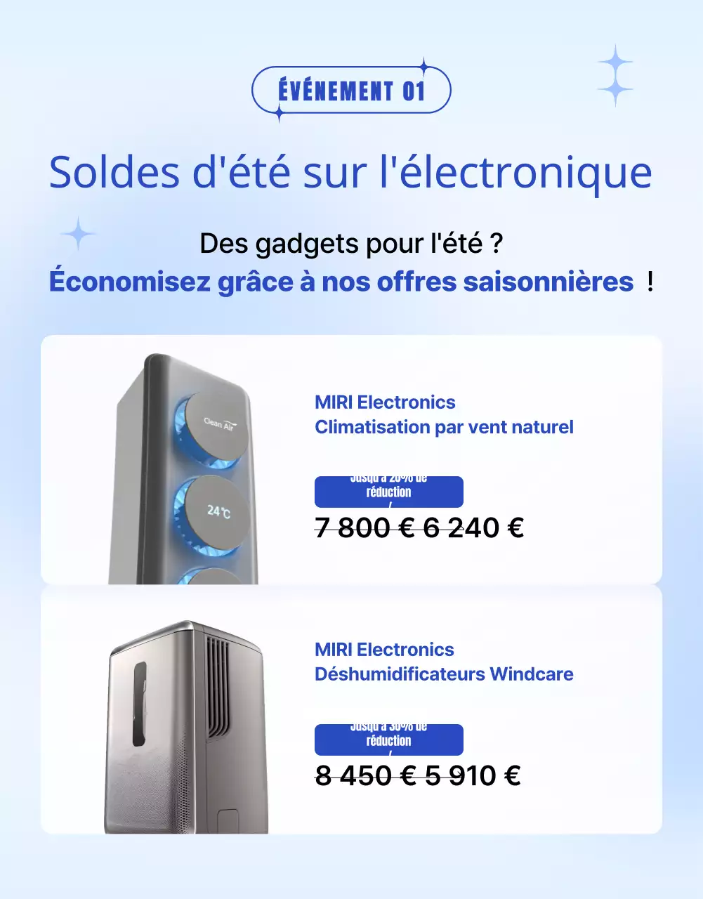 Promouvoir un étalage de marchandises estival avec des couleurs bleu et bleu clair très tendance