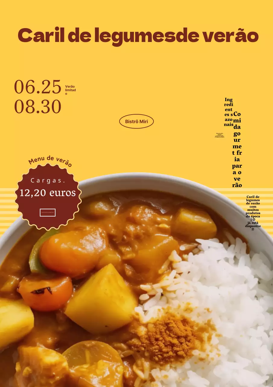 Promoção de menu de verão com tipografia amarela e castanha e toques fotográficos