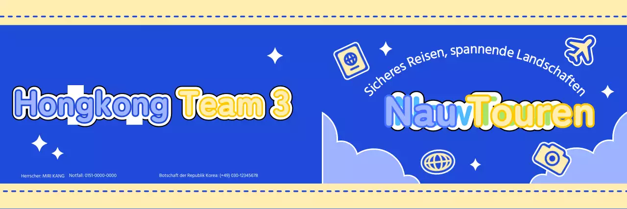 Gestalte einen niedlichen Reiseführer mit Wolken und verschiedenen Symbolen