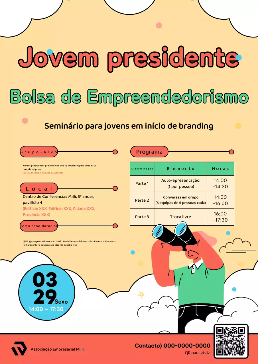 Promova eventos de intercâmbio de negócios com um conceito giro que inclui pessoas amarelas e nuvens
