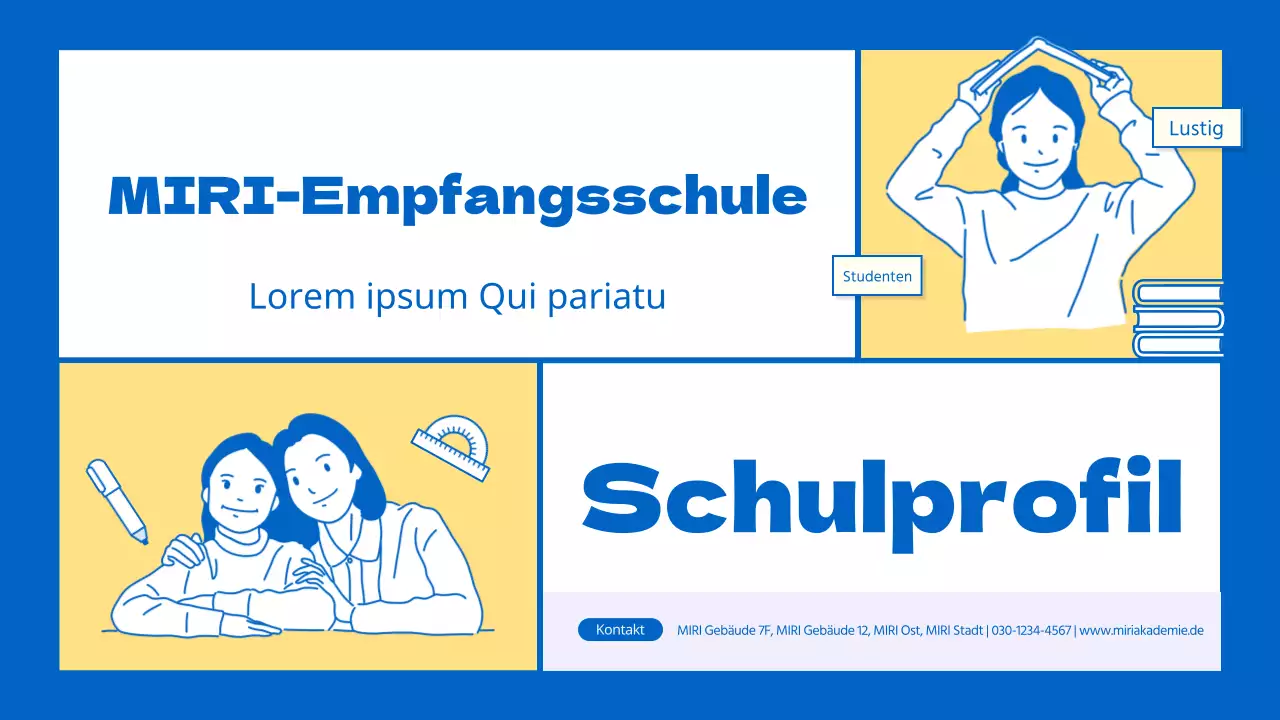 Ein kitschiger gelb-blauer Schulprospekt