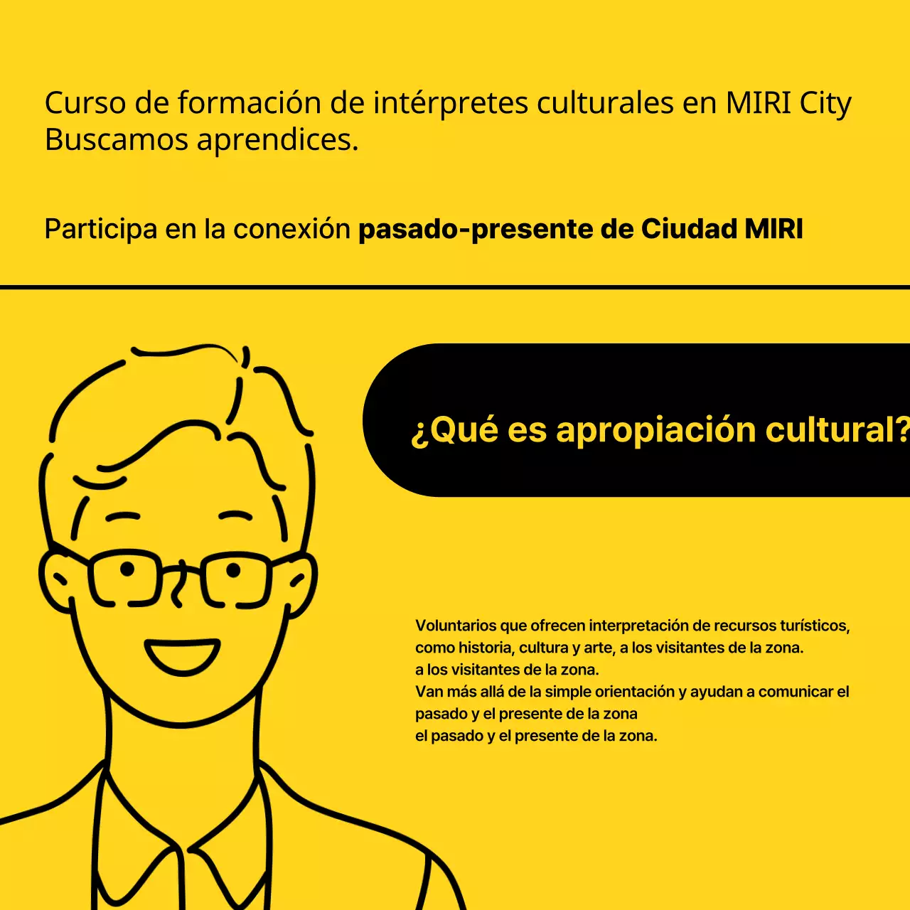 Anuncio de contratación de comentarista cultural minimalista en amarillo y negro