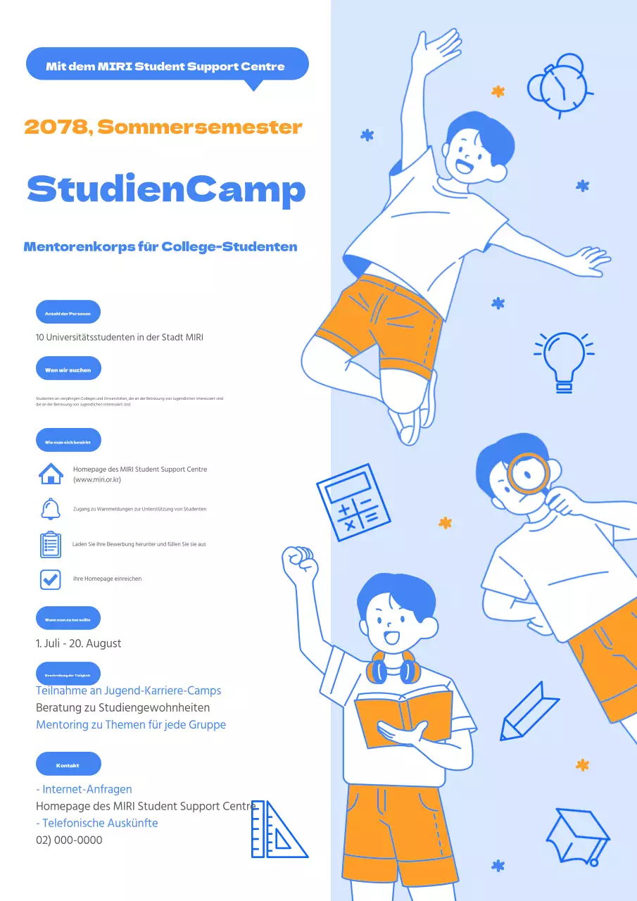 Werbung für ein Studienlager in Gelb und Blau