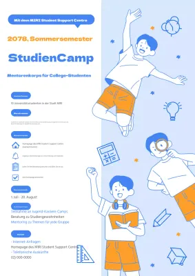 Werbung für ein Studienlager in Gelb und Blau