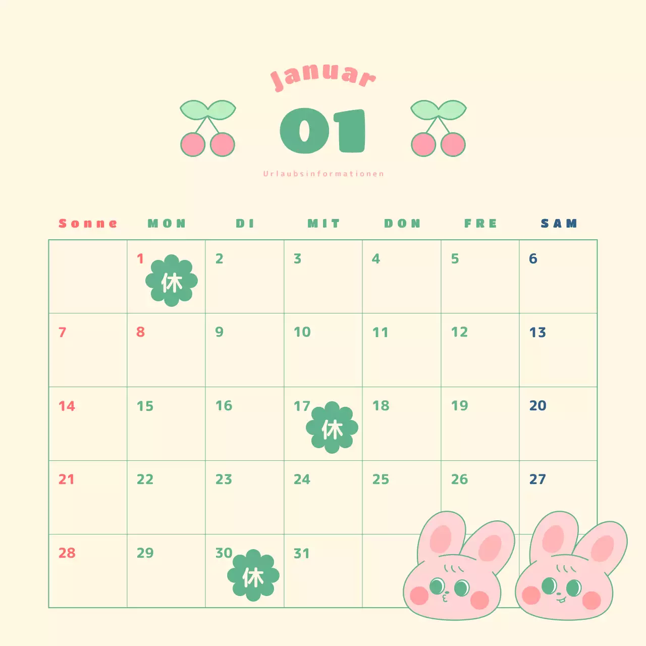 Kalender zur Erinnerung an Verkaufstermine mit niedlichen gelben und grünen Hasen-Illustrationen