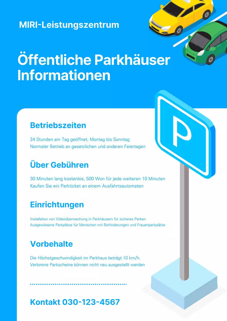 Blaue und einfache Ansage für den Betrieb des Parkplatzes