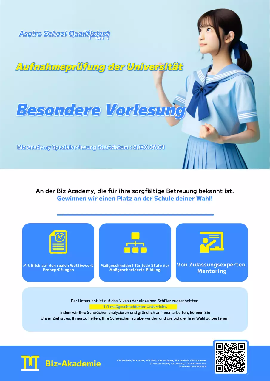 Werbung für eine Schule für Hochschulzulassung mit einem blau-gelben Bild eines Mädchens