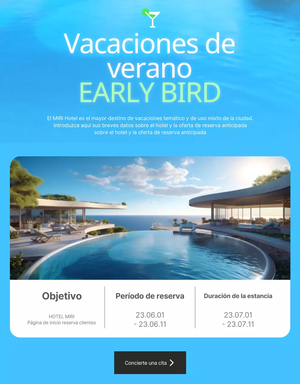 Promoción de verano de un hotel sencillo en blanco y azul claro