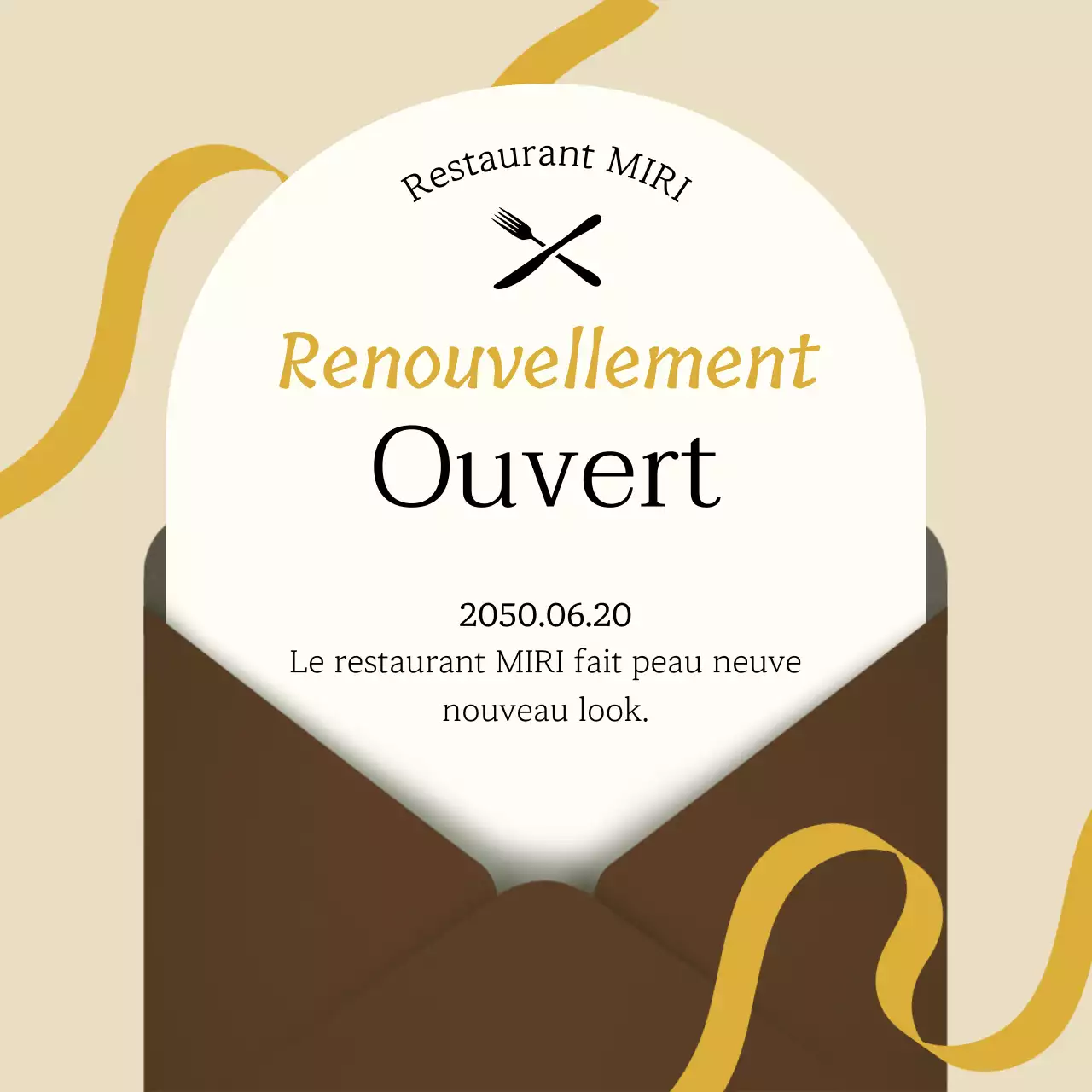 Annonce de la réouverture de ce luxueux restaurant brun et jaune
