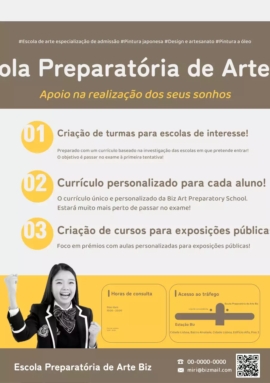 Promoção de uma escola de admissão de arte com fotografias de alunos amarelas e castanhas