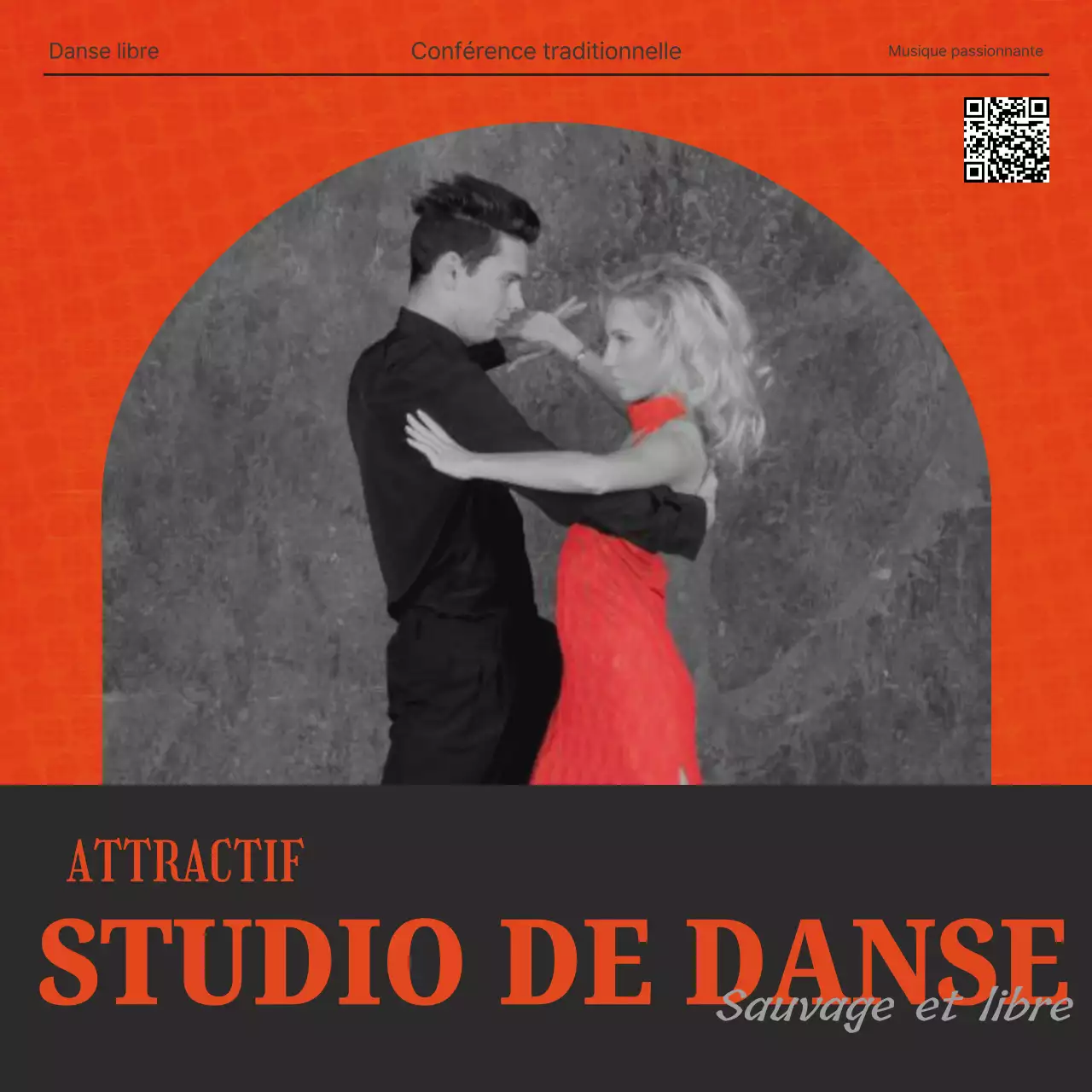 Un post faisant la promotion d'un luxueux studio de danse en rouge et noir.