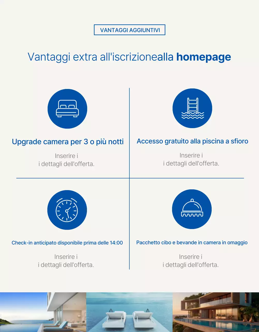 Promuovere una semplice promozione della stagione estiva dell'hotel in blu