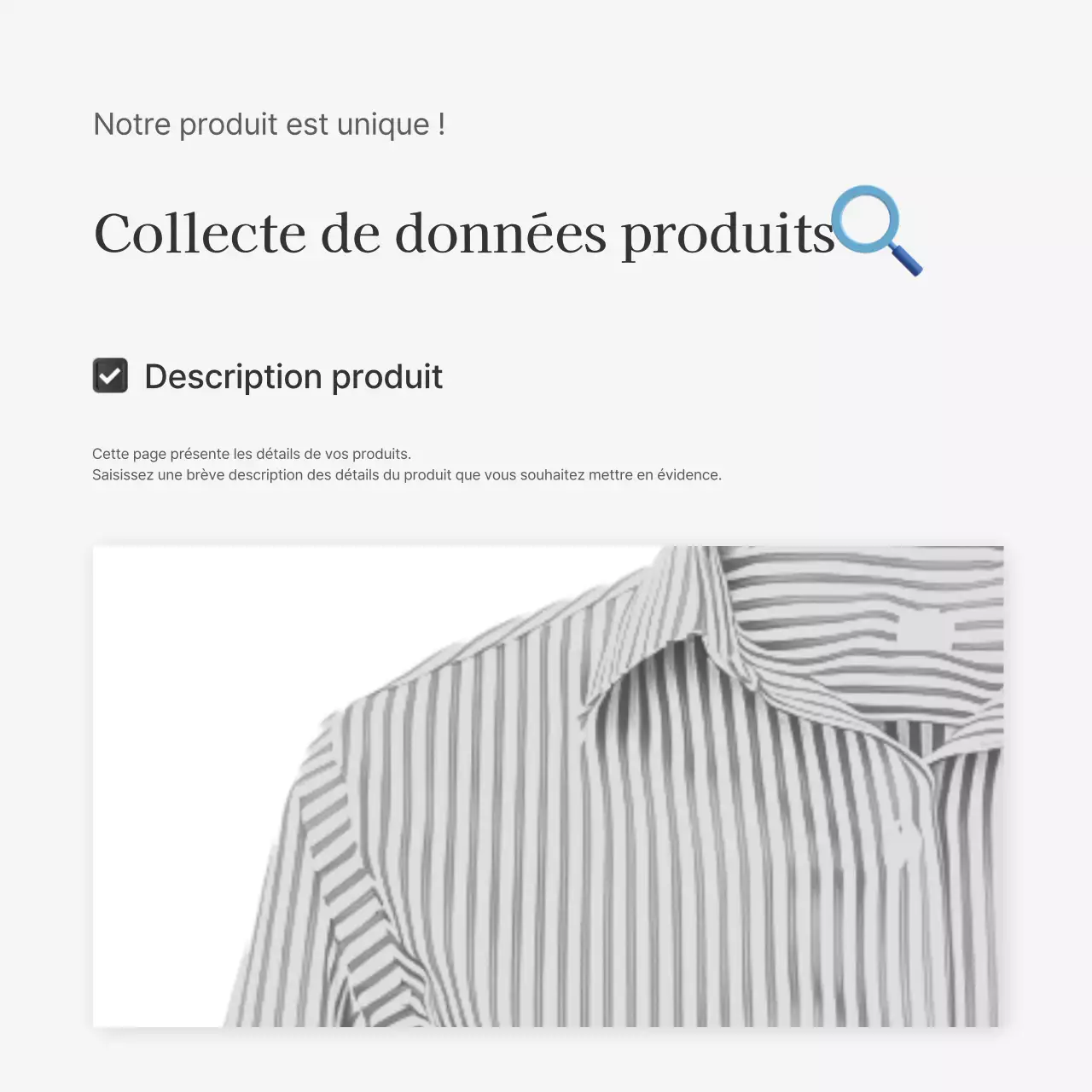 Descriptions détaillées de produits ou publicités pour un centre commercial de mode, décorées avec un style simple d'emojis blancs et gris.