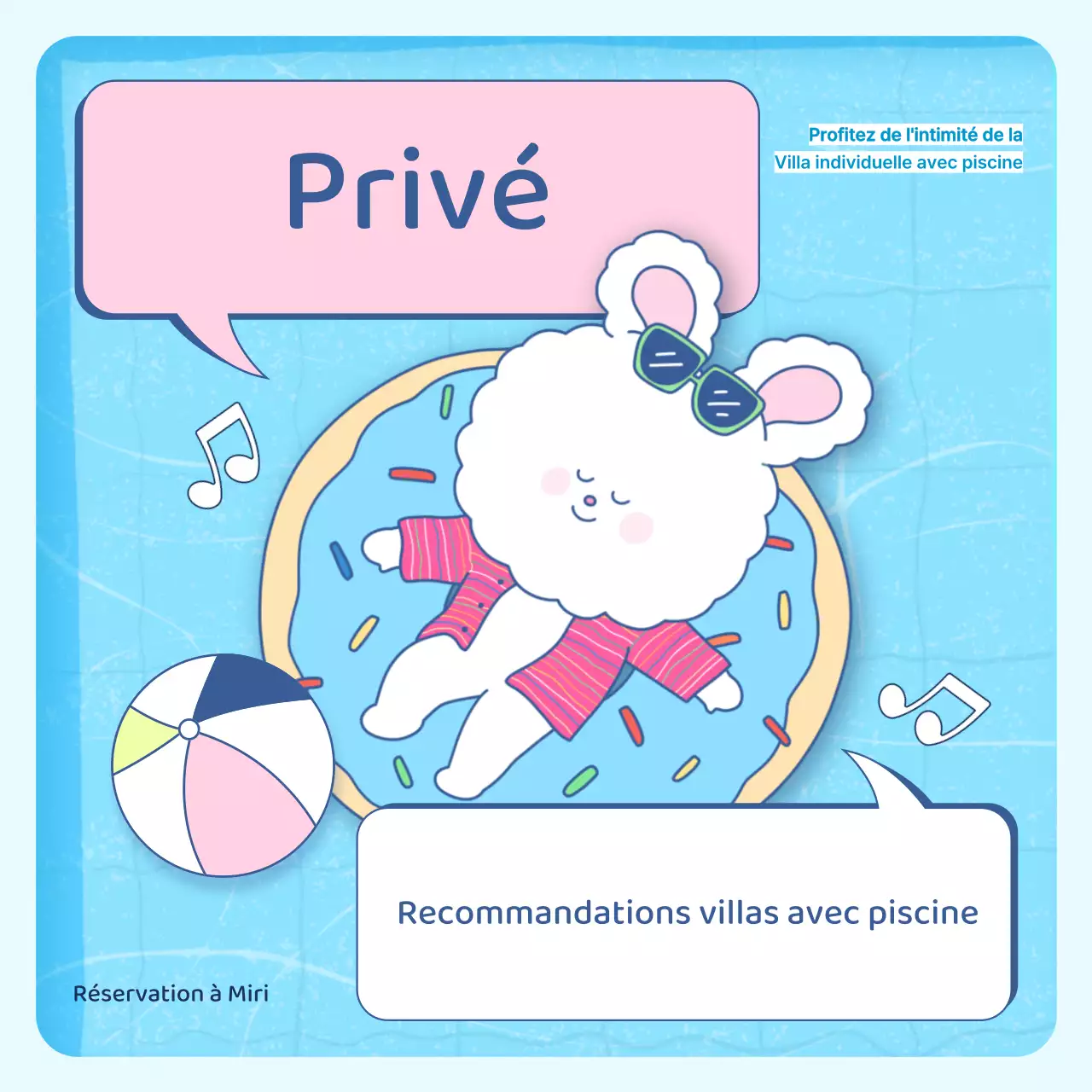 Une jolie publicité pour une maison de vacances d'été en bleu clair et rose