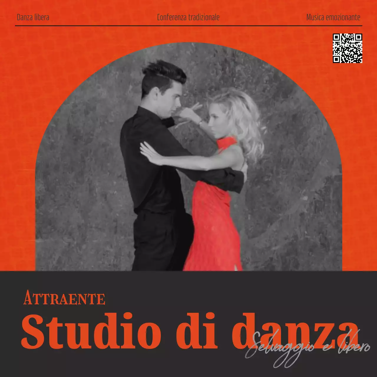 Un post che promuove una lussuosa scuola di danza in rosso e nero.